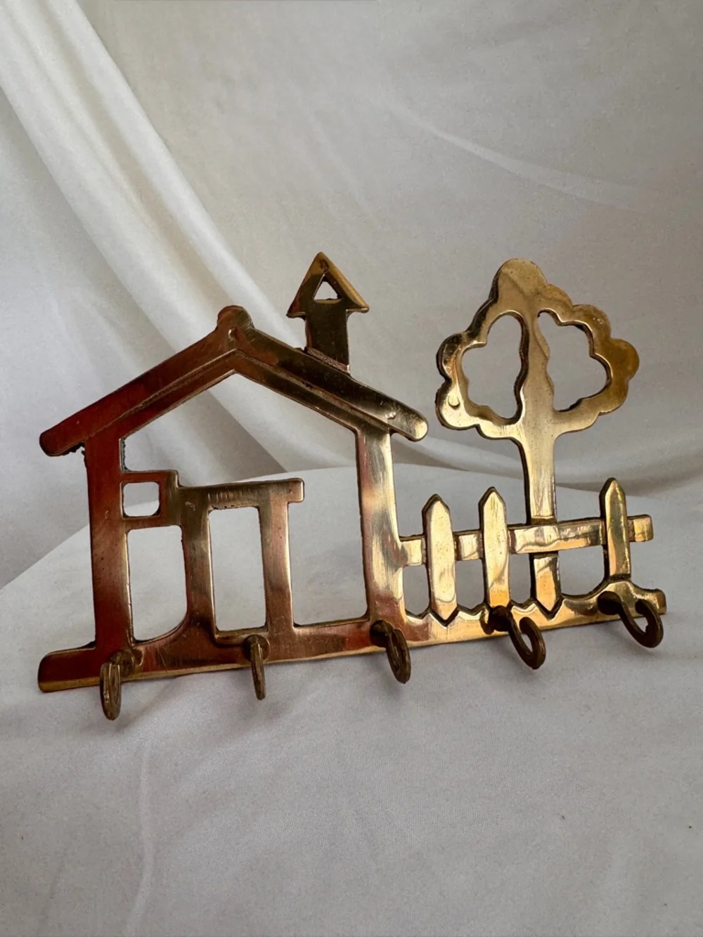 Vintage Brass Cottagecore House & Tree Wall Hook Entryway Decor Key Holder MCM
